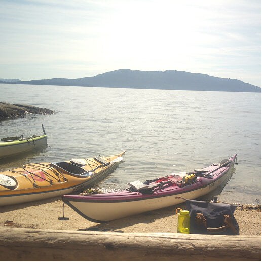 Sea kayaks pulled up on a beach